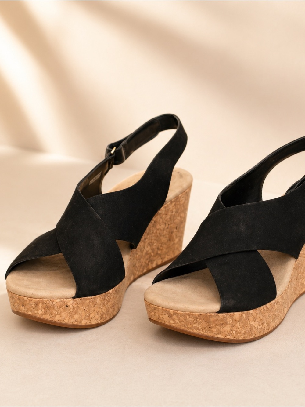 Clarks Black Crisscross Cork Wedge Slingbacks